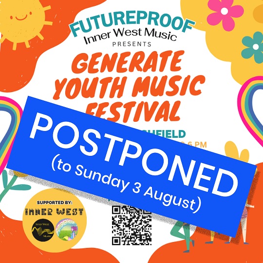 Graphic poster with Generate Youth Music Festival written in orange with a banner saying Postponed to Sunday 3 August